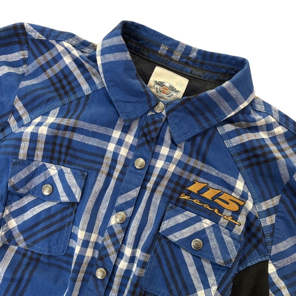 HARLEY DAVIDSON Plaid Button‎ Shirt Womens Small Blue Short Sleeve 115